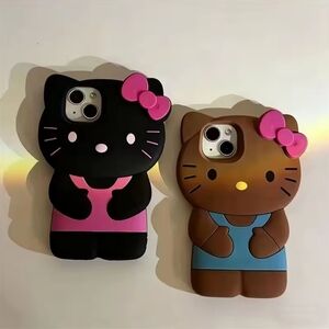 Loopy Case Black & Brown Cat Silicone Phone Cases with Pink Bows